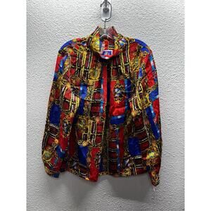 Vintage Laura & Jayne Blouse 12 Red Gold Chain Print Scarf Tie Baroque Retro